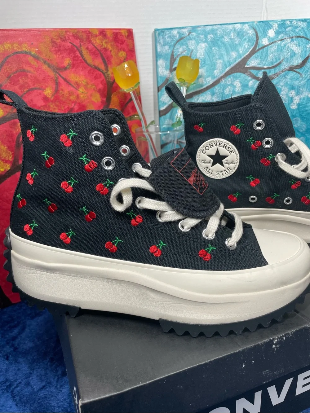 Converse women’s Black High-Top Sneakers size 8.5 with Red Cherry Embroidery.